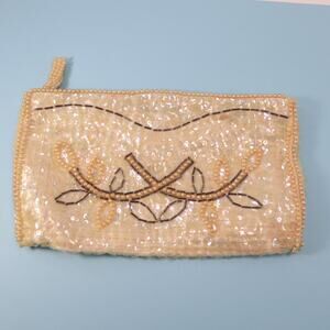 Vtg Le Regale Beaded Clutch Handbag Small Cream Silver Zip Purse Bag Pouch Lined